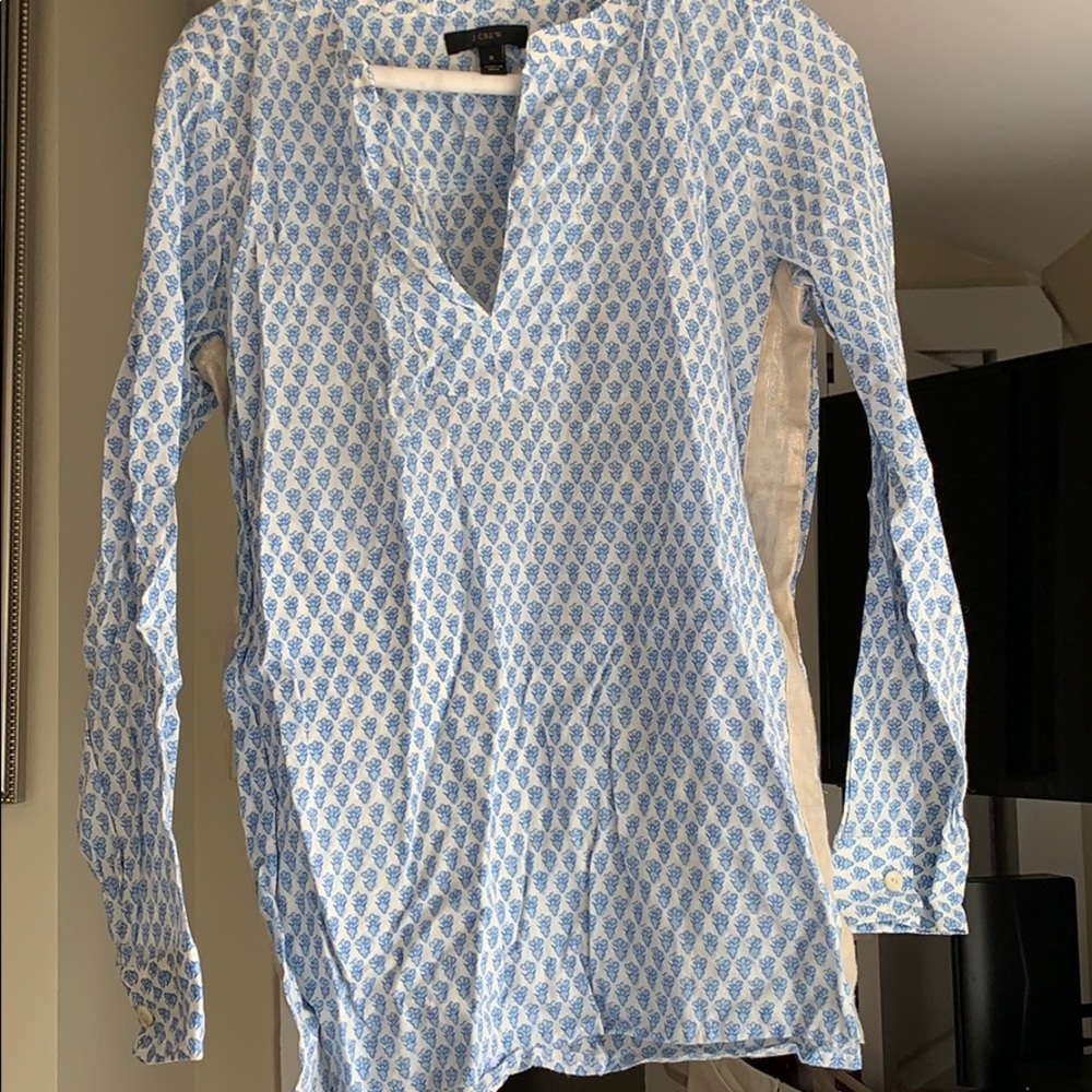 JCrew Blue and White Long Sleeve Print Blouse